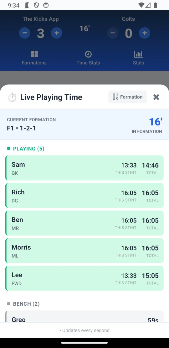 Live playing time in KiCKS, listing each player's minutes on the pitch